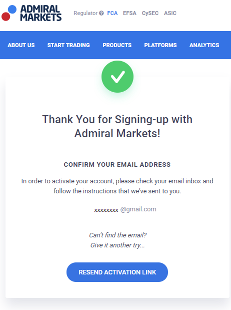 Admiral Markets - sign up process finished
