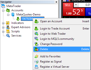 Metatrader 4  - Navigator Account Menu