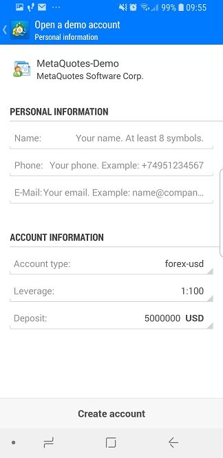 Metatrader mobile - new account registration details - personal data