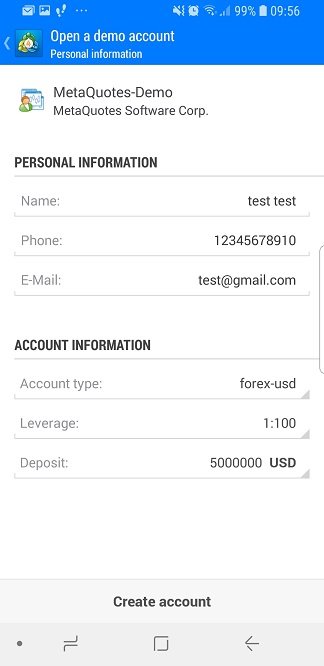 Metatrader mobile - new account registration - data filled