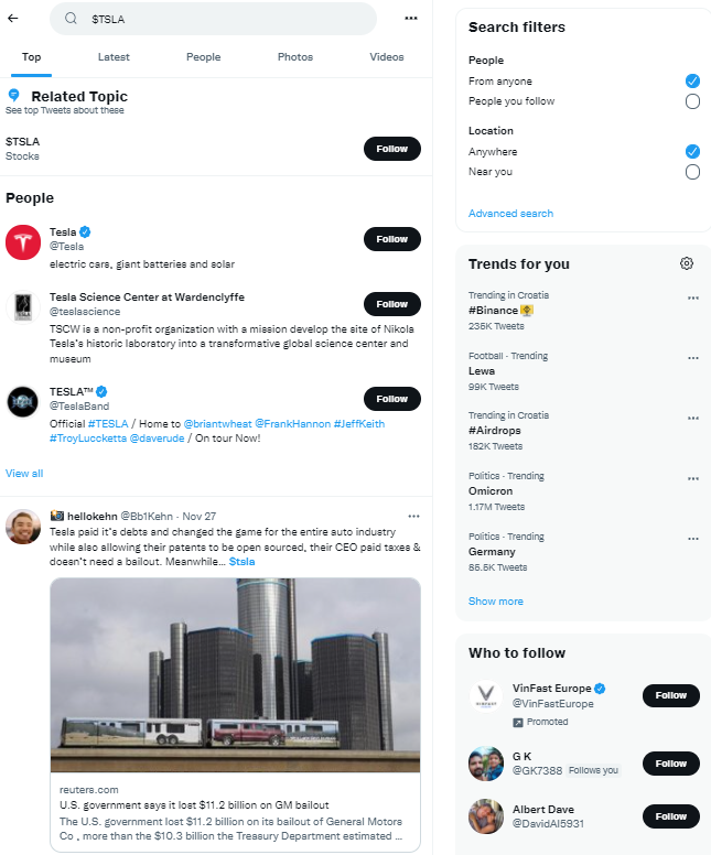 Twiter account Fintwit search results $TSLA