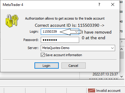 Metatrader login problem - invalid account ID