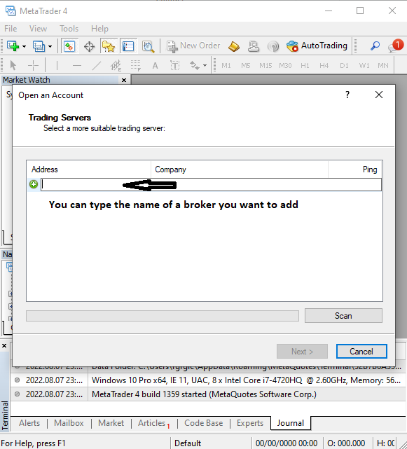 Add broker to MT4 by typing broker name