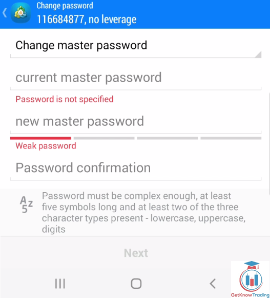 MT4 Android enter current password